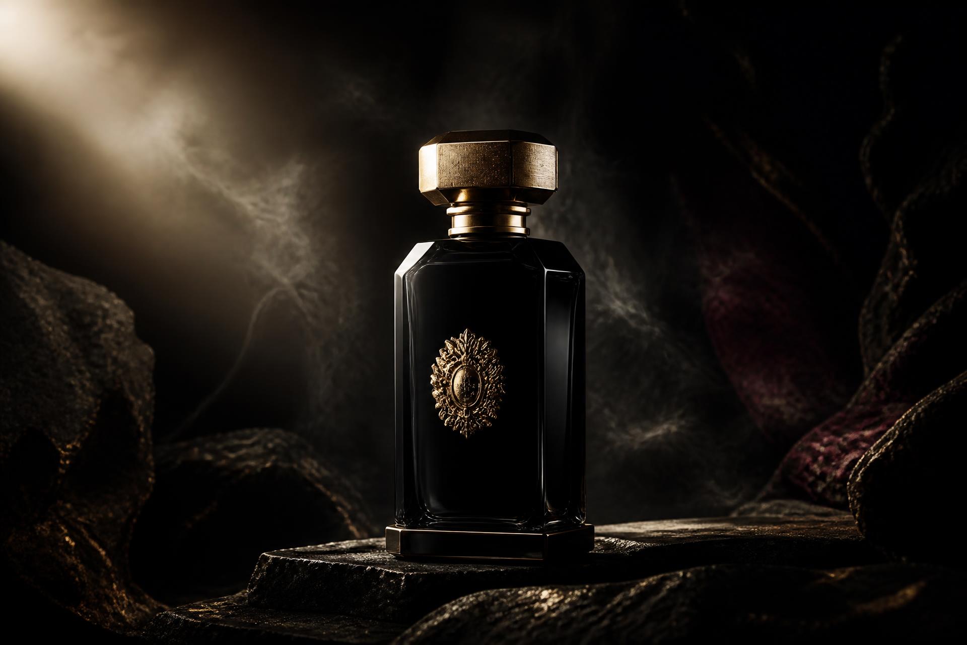 The DOMINARTO fragrance bottle in shadow, lit from a single warm source