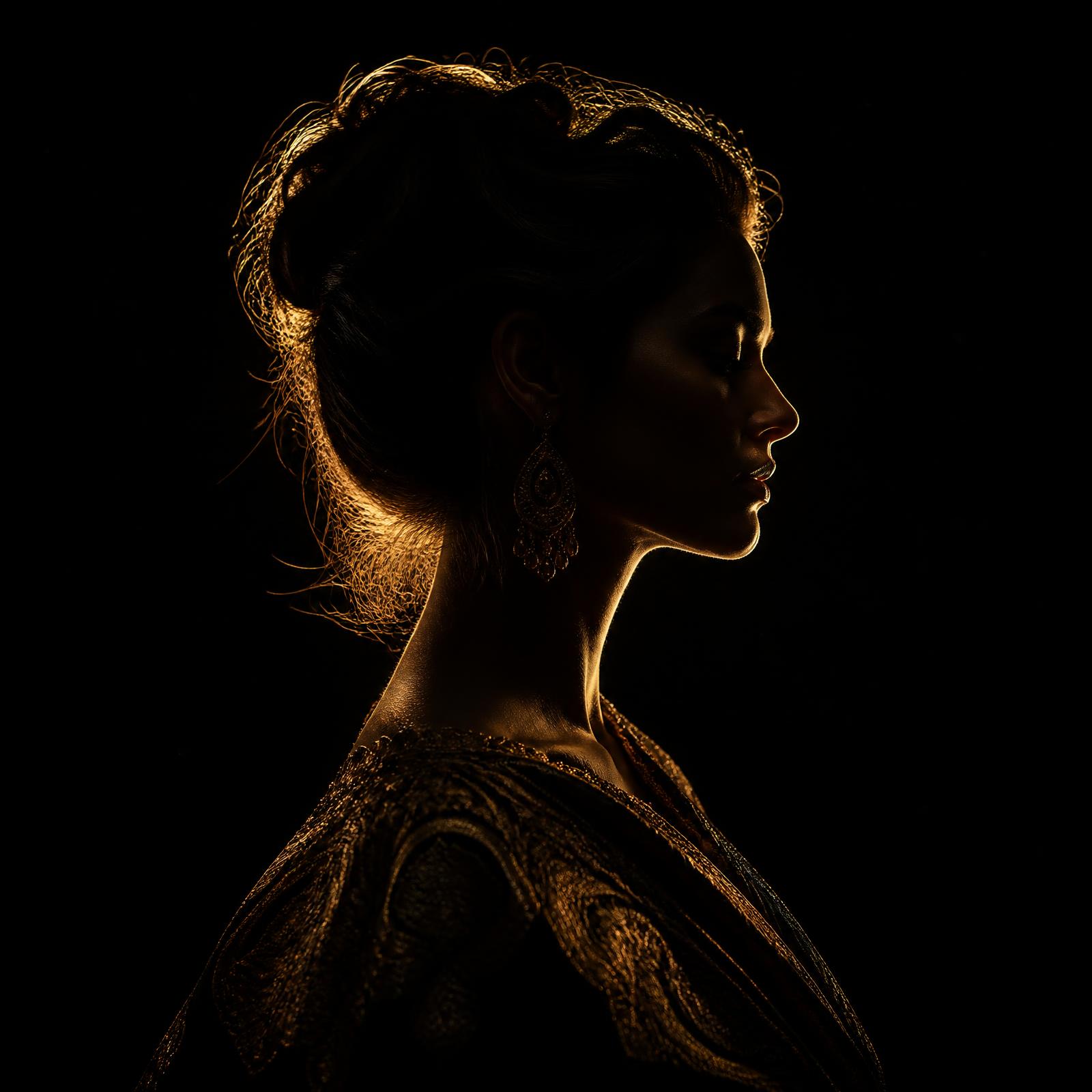 Silhouette portrait, rim-lit in antique gold
