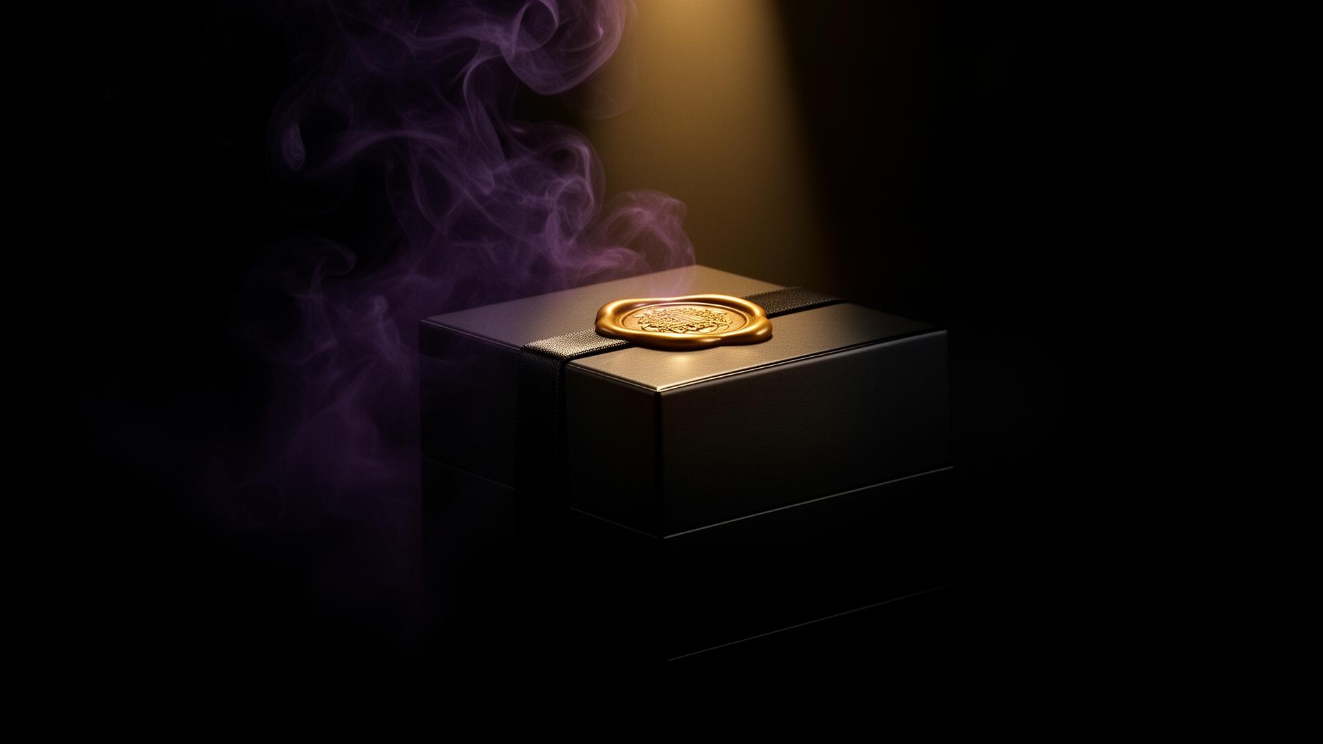 Sealed luxury perfume box lit by gold light in darkness